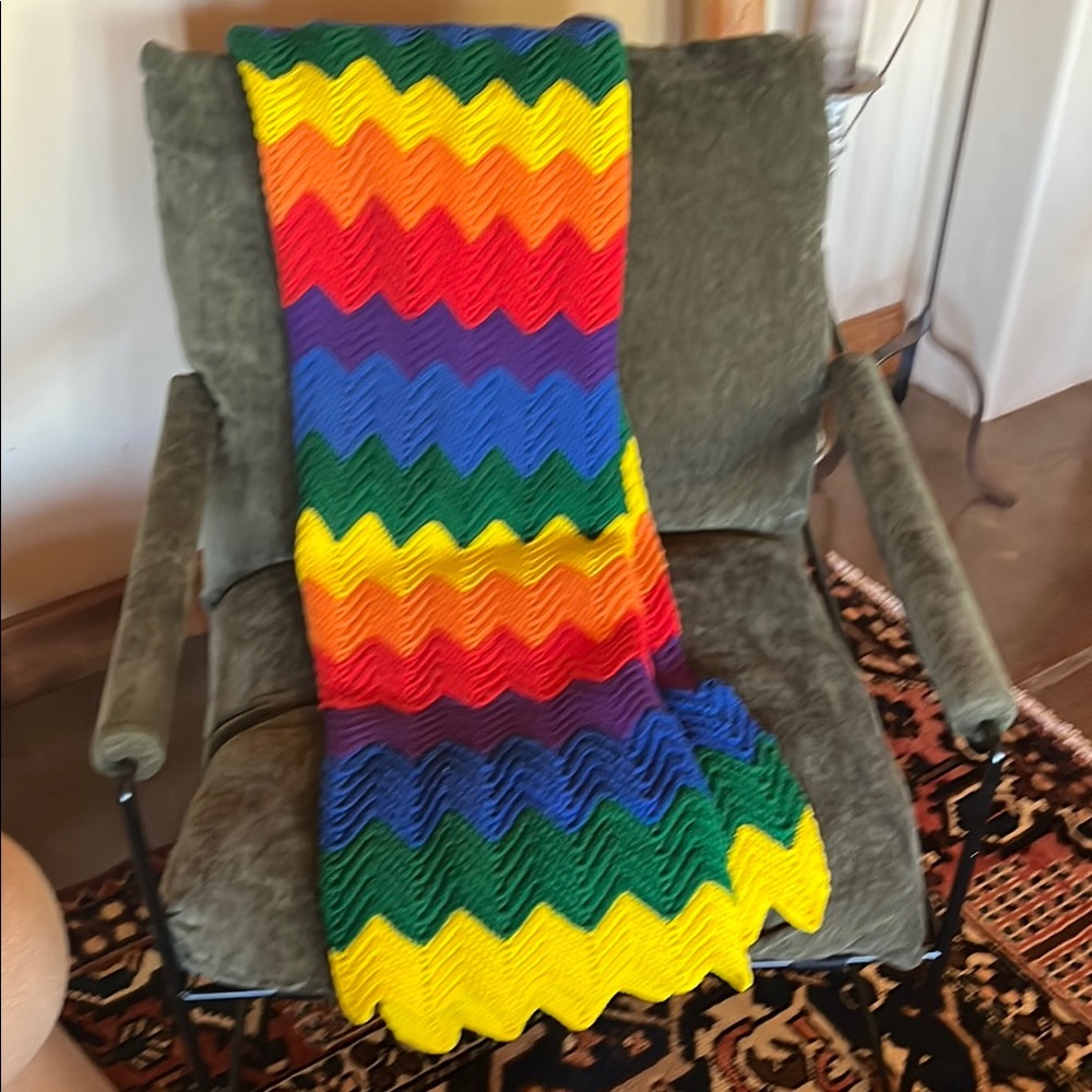 Vibrant Rainbow 100% Wool, Hand-Knit Throw Blanket